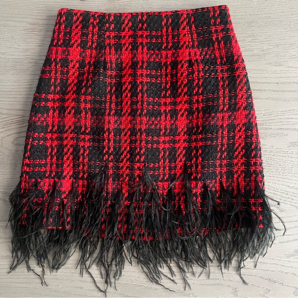 ANTONIO MELANI Dalia Tweed Feather Coordinating Red Black Skirt 0